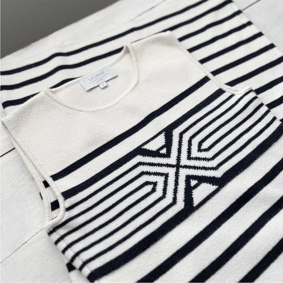 Rare La Ligne Emmanuelle Black Cream Striped SMALL Midi Day Dress Geometric $295 - Picture 2 of 15